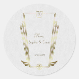 Royal Gold White Art Deco Monogram Wedding Runder Aufkleber
