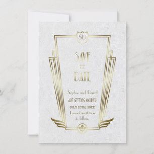 Royal Gold White Art Deco Monogramm Heiratsankündi Save The Date