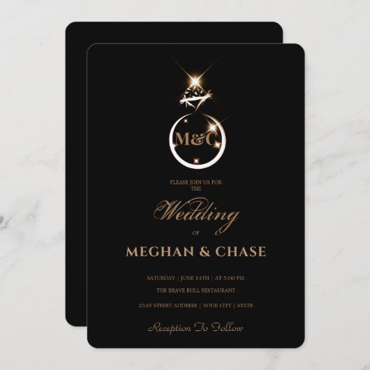 Royal Golden Diamond Ring Monogram Black Wedding Einladung (Vorne/Hinten)