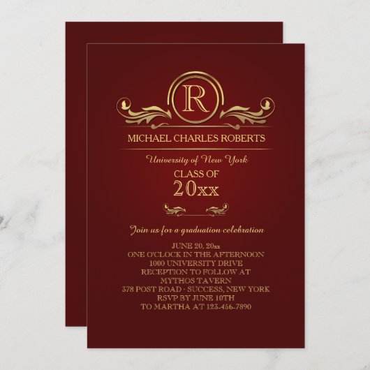 Royal Golden Monogram Abschluss Einladung (Vorne/Hinten)