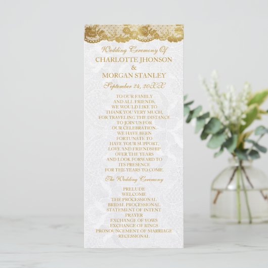 Royal Golden White Lace Wedding Programm (Stehend Vorderseite)