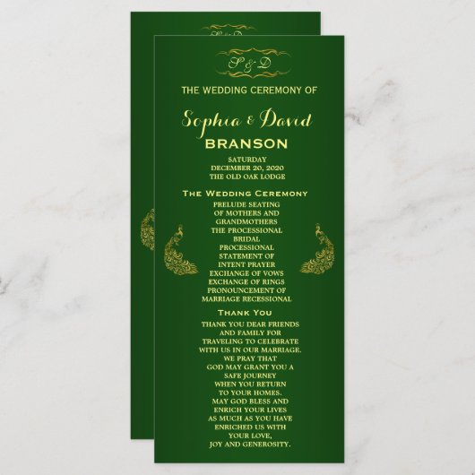 Royal Green Gold Peacock Wedding Program Custom Programm (Vorne/Hinten)