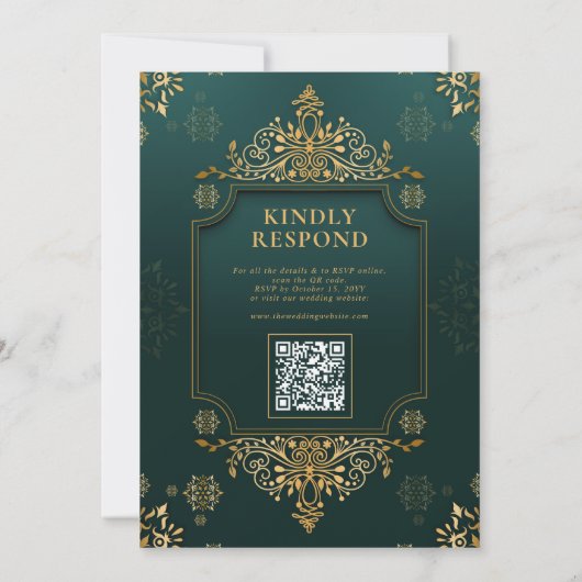 Royal Green I Gold Floral QR Code Muslime Hochzeit Einladung (Rückseite)