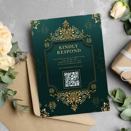 Royal Green I Gold Floral QR Code Muslime Hochzeit Einladung