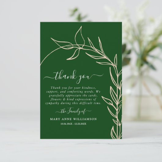 Royal Green Minimal Arch Text Script Beerdigung Da Dankeskarte (Stehend Vorderseite)