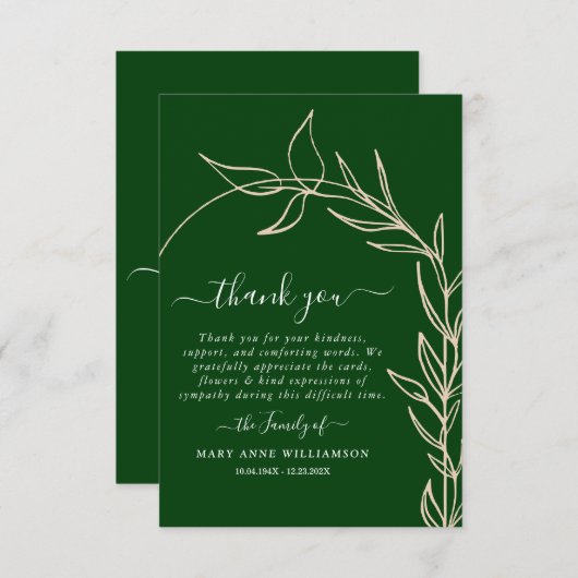 Royal Green Minimal Arch Text Script Beerdigung Da Dankeskarte (Vorne/Hinten)
