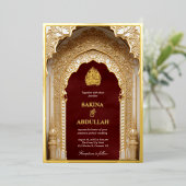 Royal Islamic Arch Maroon Red Muslim Wedding Gold Folieneinladung (Stehend vorne)