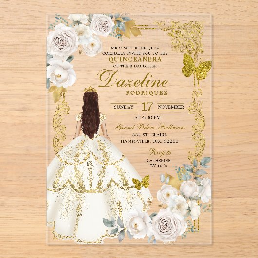 Royal Ivory Beige Princess Quinceañera Acryleinladungen (Vorderseite)