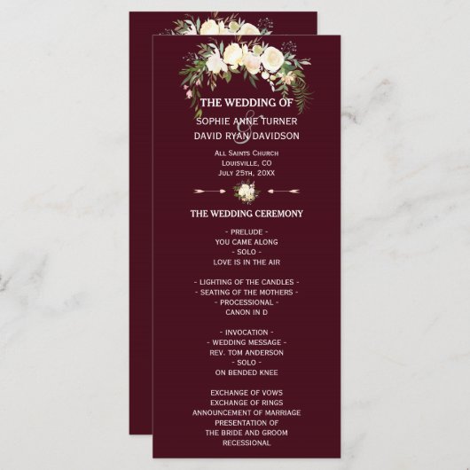 Royal Ivory Floral Burgundy Wedding Program Programm (Vorne/Hinten)