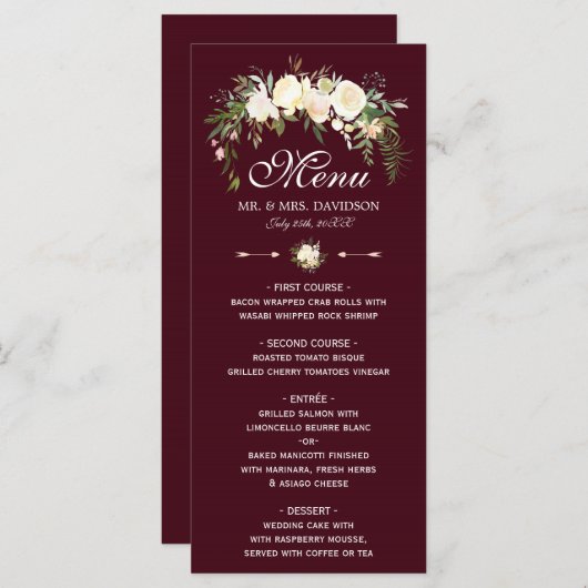 Royal Ivory Floral Wappen Burgundy Wedding Menu Menükarte (Vorne/Hinten)
