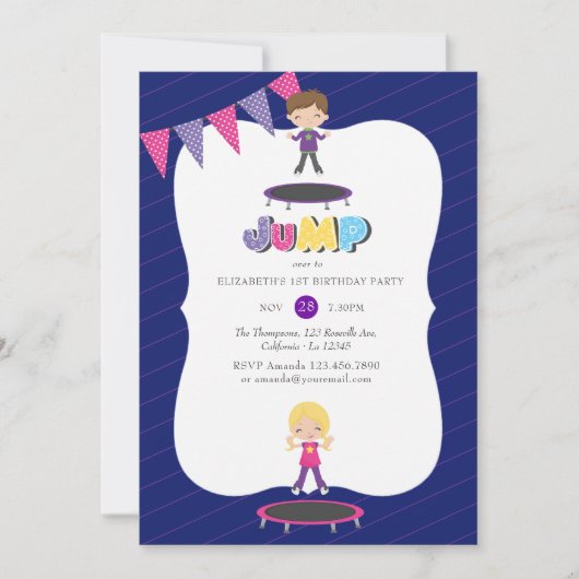 Royal Lila and Blue Trampolin Birthday Party Einladung (Vorderseite)