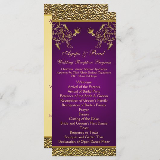 Royal Lila and Gold Floral Menu Card Programm (Vorne/Hinten)