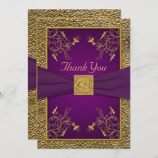 Royal Lila and Gold Monogram Dankeschön Card Dankeskarte (Vorne/Hinten)