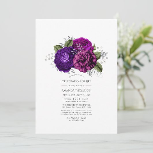 Royal Lila and Silver Floral Celebration of Life Einladung (Stehend Vorderseite)