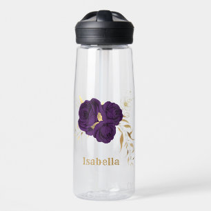 Royal-lila-Blumen goldene Blätter Trinkflasche