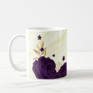 Royal-lila Blumen goldfarbene Blätter Marmor Kaffeetasse
