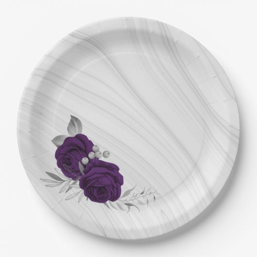 Royal-lila Blumen silberne Blätter Marmor Pappteller (Vorderseite)