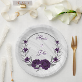 Royal-lila Blumen silberne Blätter Marmor Pappteller