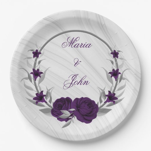 Royal-lila Blumen silberne Blätter Marmor Pappteller (Vorderseite)