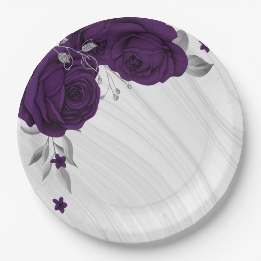 Royal-lila Blumen silberne Blätter Marmor Pappteller (Vorderseite)