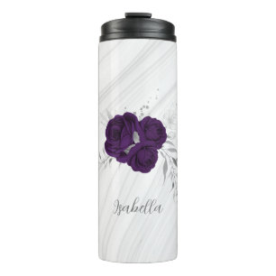 Royal-lila Blumen silberne Blätter Marmor Thermosbecher