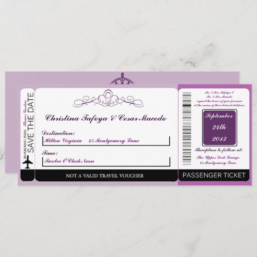 Royal Lila Crow Boarding Pass Einladung Hochzeit (Vorne/Hinten)