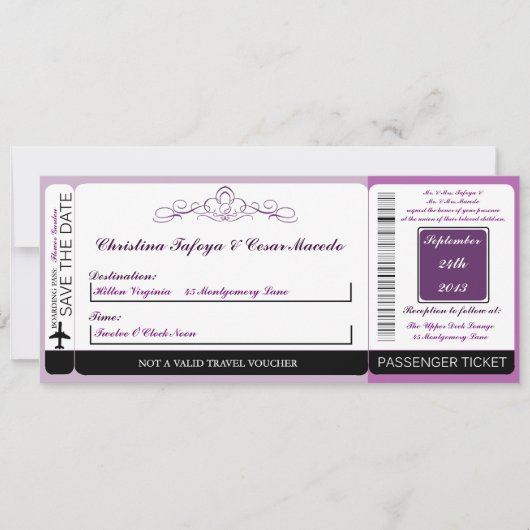 Royal Lila Crow Boarding Pass Einladung Hochzeit (Vorderseite)