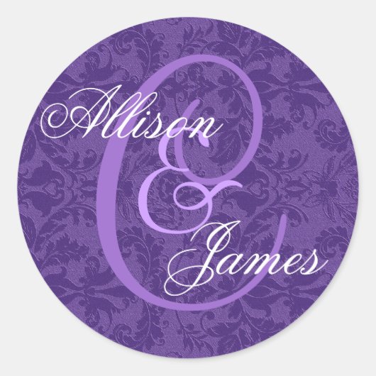 Royal Lila Damask Wedding Custom Monogram V01 Runder Aufkleber (Vorderseite)
