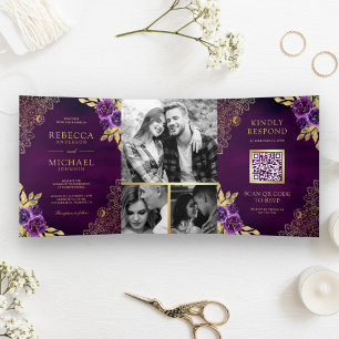 Royal Lila Floral Gold Lace QR Code Wedding Dreifach Gefaltete Einladung