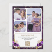 Royal Lila Floral QR Code Foto Wappen Hochzeit Einladung (Rückseite)