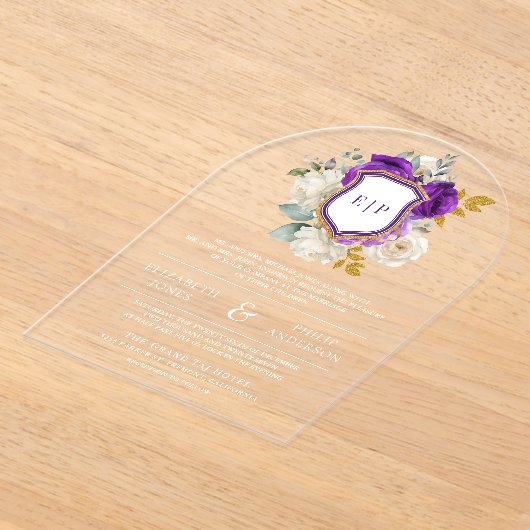 Royal Lila Floral Wappen Monogram Wedding Acryleinladungen (Ablage )