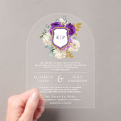 Royal Lila Floral Wappen Monogram Wedding Acryleinladungen (Insitu (Handheld))