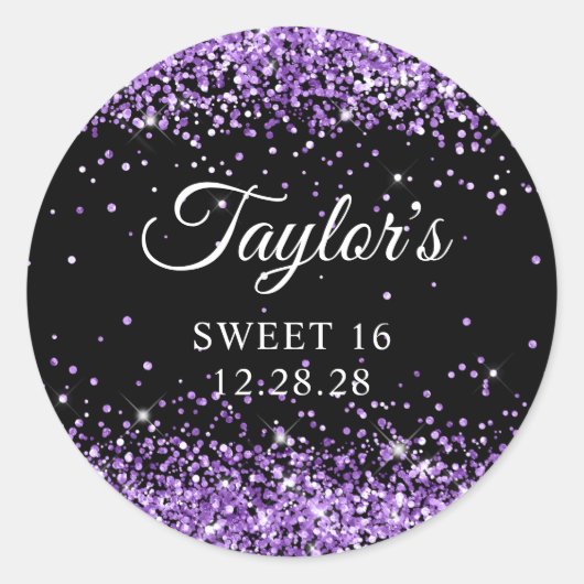 Royal Lila Glitzer Black Sweet 16 Runder Aufkleber (Vorderseite)