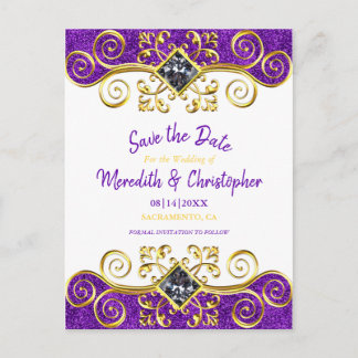 Royal Lila Glitzer Gold Gemstone Save the Date Ankündigungspostkarte