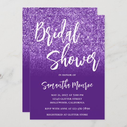 Royal Lila Glitzer Gradient Brautparty Einladung (Vorne/Hinten)