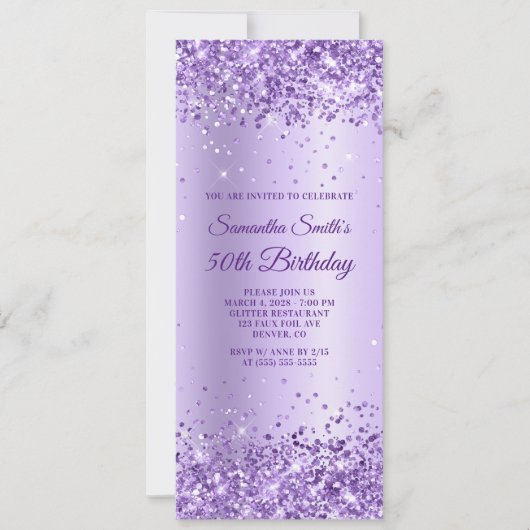 Royal Lila Glitzer Lavender Satin 50. Geburtstag Einladung (Vorderseite)