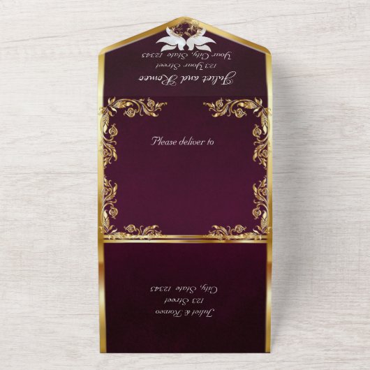 Royal Lila, Gold Blätter, Tauben & Herz All In One Einladung (Außenbereich)