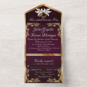 Royal Lila, Gold Blätter, Tauben & Herz All In One Einladung (Innen Boden)