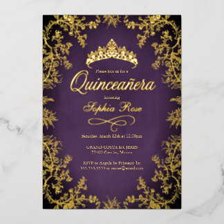 Royal Lila Gold Crown Quinceanera Folieneinladung