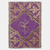 Royal Lila Gold Damask Muster Fleur Monogram Decke (Vorderseite Vertikal)