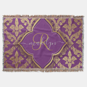 Royal Lila Gold Damask Muster Fleur Monogram Decke