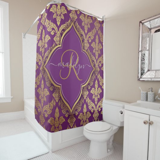 Royal Lila Gold Damask Muster Fleur Monogram Duschvorhang (Beispiel)