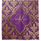 Royal Lila Gold Damask Muster Fleur Monogram Duschvorhang (Vorderseite)
