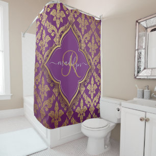 Royal Lila Gold Damask Muster Fleur Monogram Duschvorhang