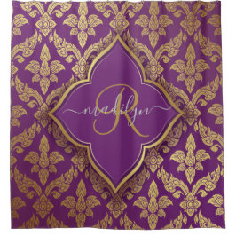 Royal Lila Gold Damask Muster Fleur Monogram Duschvorhang