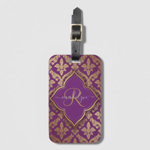 Royal Lila Gold Damask Muster Fleur Monogram Gepäckanhänger