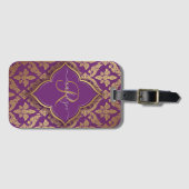 Royal Lila Gold Damask Muster Fleur Monogram Gepäckanhänger (Vorderseite (Horizontal))