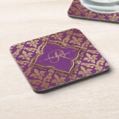 Royal Lila Gold Damask Muster Fleur Monogram Getränkeuntersetzer (Linke Seite)
