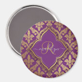 Royal Lila Gold Damask Muster Fleur Monogram Magnet (Vorderseite/Rückseite)