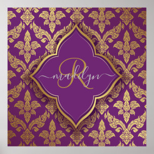 Royal Lila Gold Damask Muster Fleur Monogram Poster